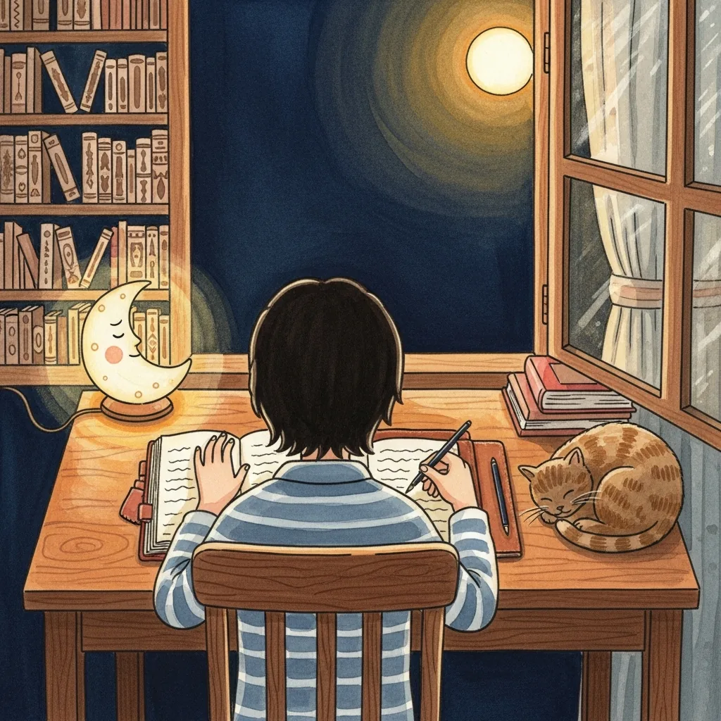 A person at a wooden writing desk by a moonlit window, seen only as a silhouette and hands writing in a notebook.