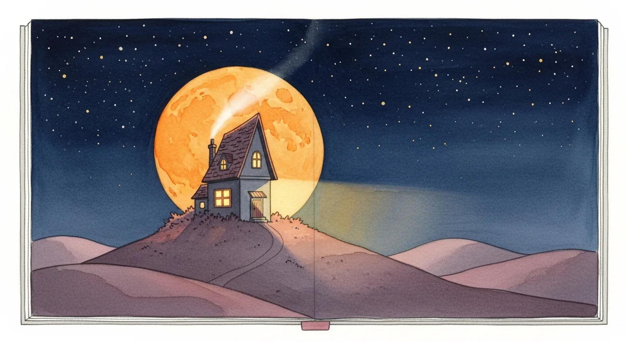 A small house with a glowing window on a hill at night under an enormous amber moon.