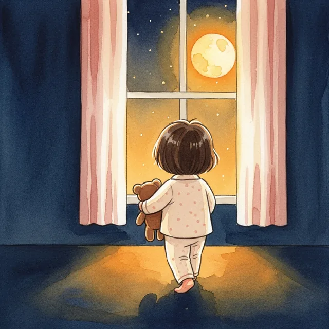 A child in cream pajamas walking toward a window with a teddy bear.