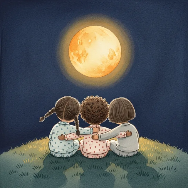 Three children of different ethnicities sitting in a circle under a giant amber moon.