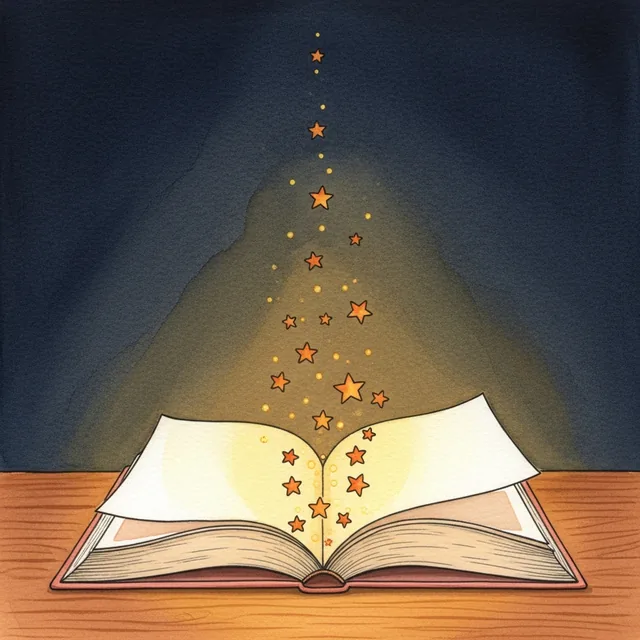 An open storybook with amber stars floating up from its pages.