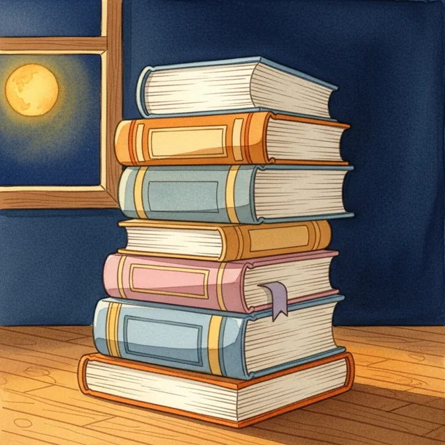 A leaning stack of children's picture books in cream, amber, and dusty blue.