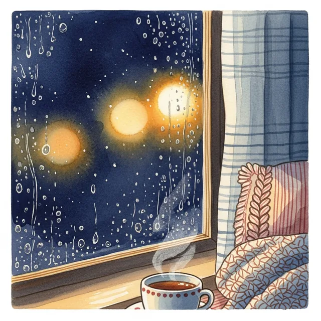 Rain drops on a window seen from inside a cozy room with a teacup.