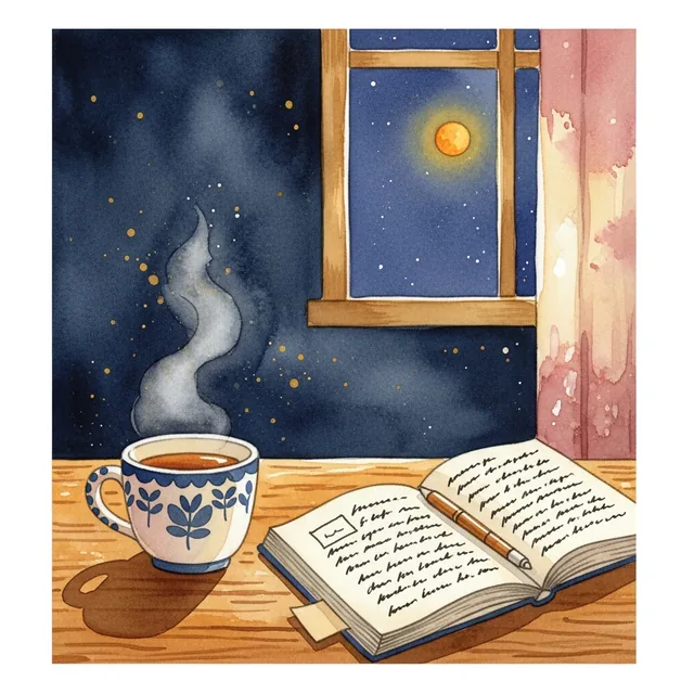 A steaming teacup next to an open notebook on a wooden table at night.